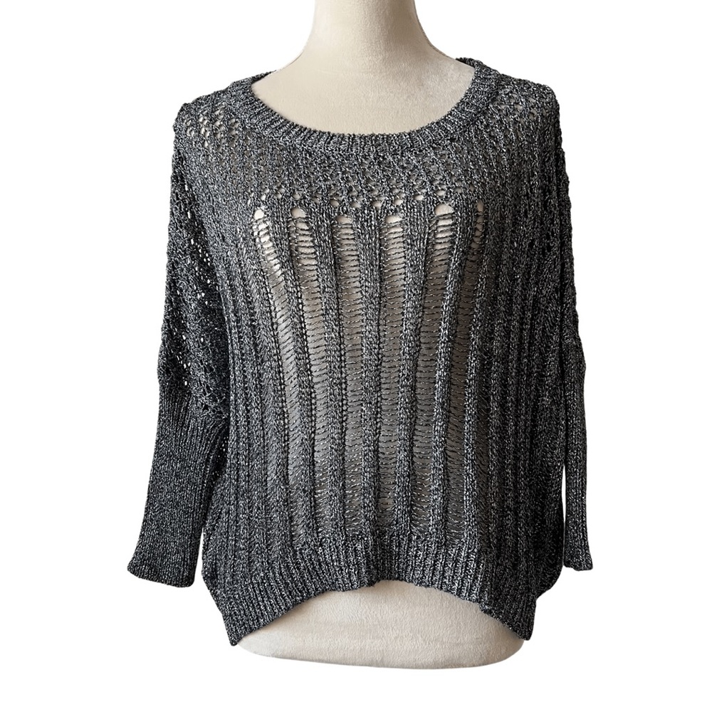 ELA Gray Open Knit Metallic Crew Neck Sweater for Women